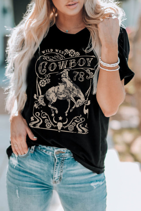 Black Cowboy 78 Letter Graphic Print Crew Neck T Shirt